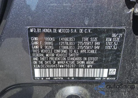 2021 Honda Hr-V Lx z USA, uszkodzony, nr VIN 3CZRU6H37MM756287